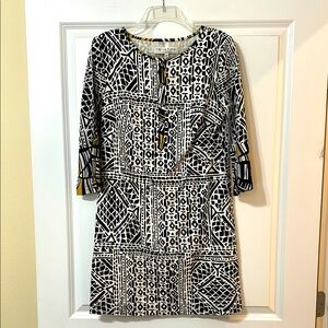 Trina Turk Black & White Tribal Patterned Cotton Dress w/ Yellow Accents, Size 2